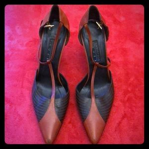 Orange and brown t strap leather heels